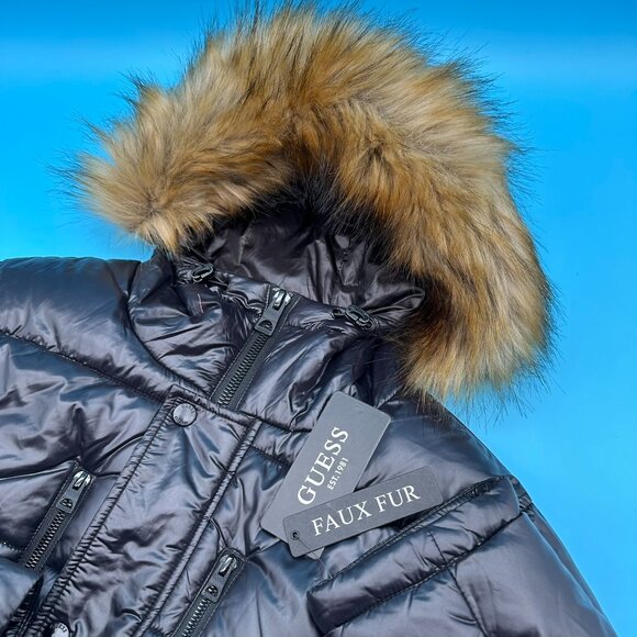 GUESS Men's Unisex Insulated Mid-Weight Faux Fur‎ Hooded Puffer Jacket , Black